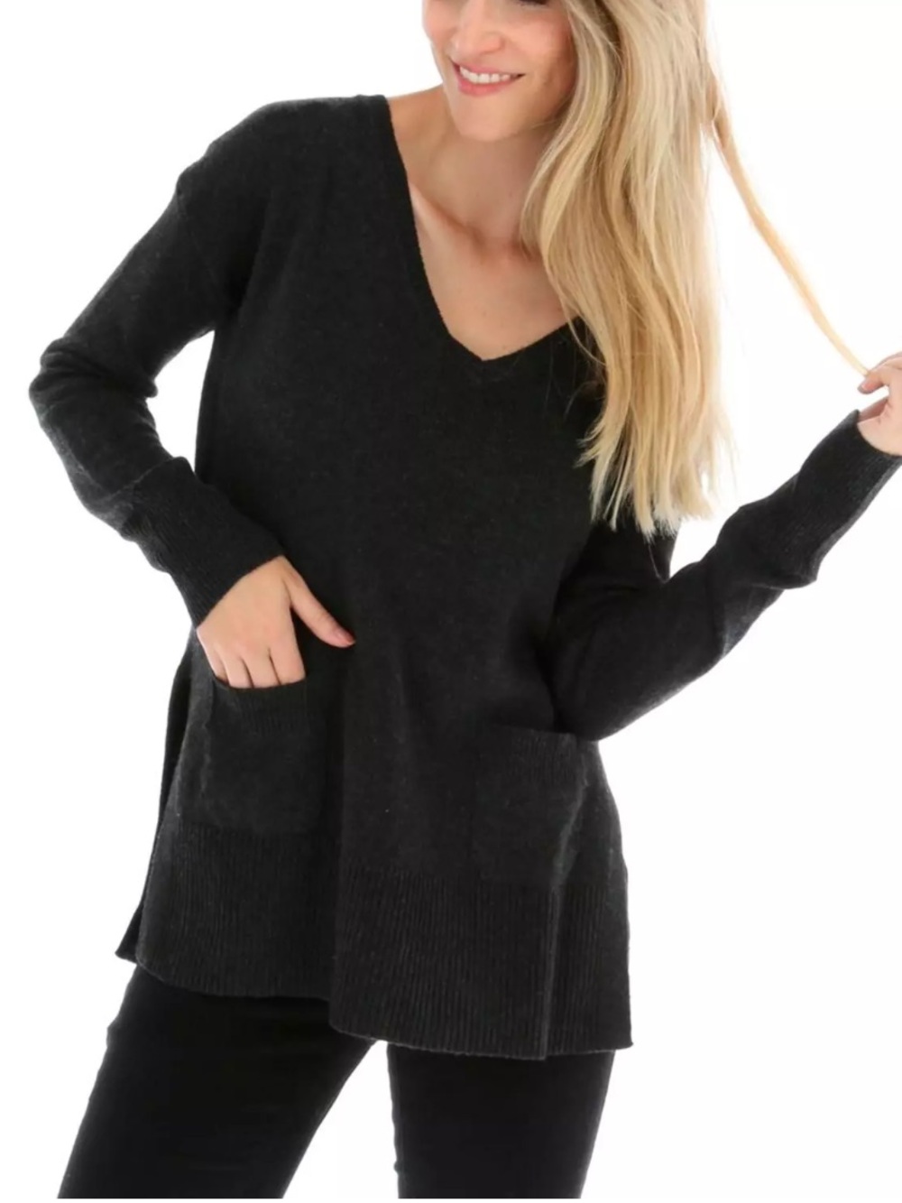 J. Crew Women's Alpaca Blend Black V-Neck Pocket Sweater Size: L